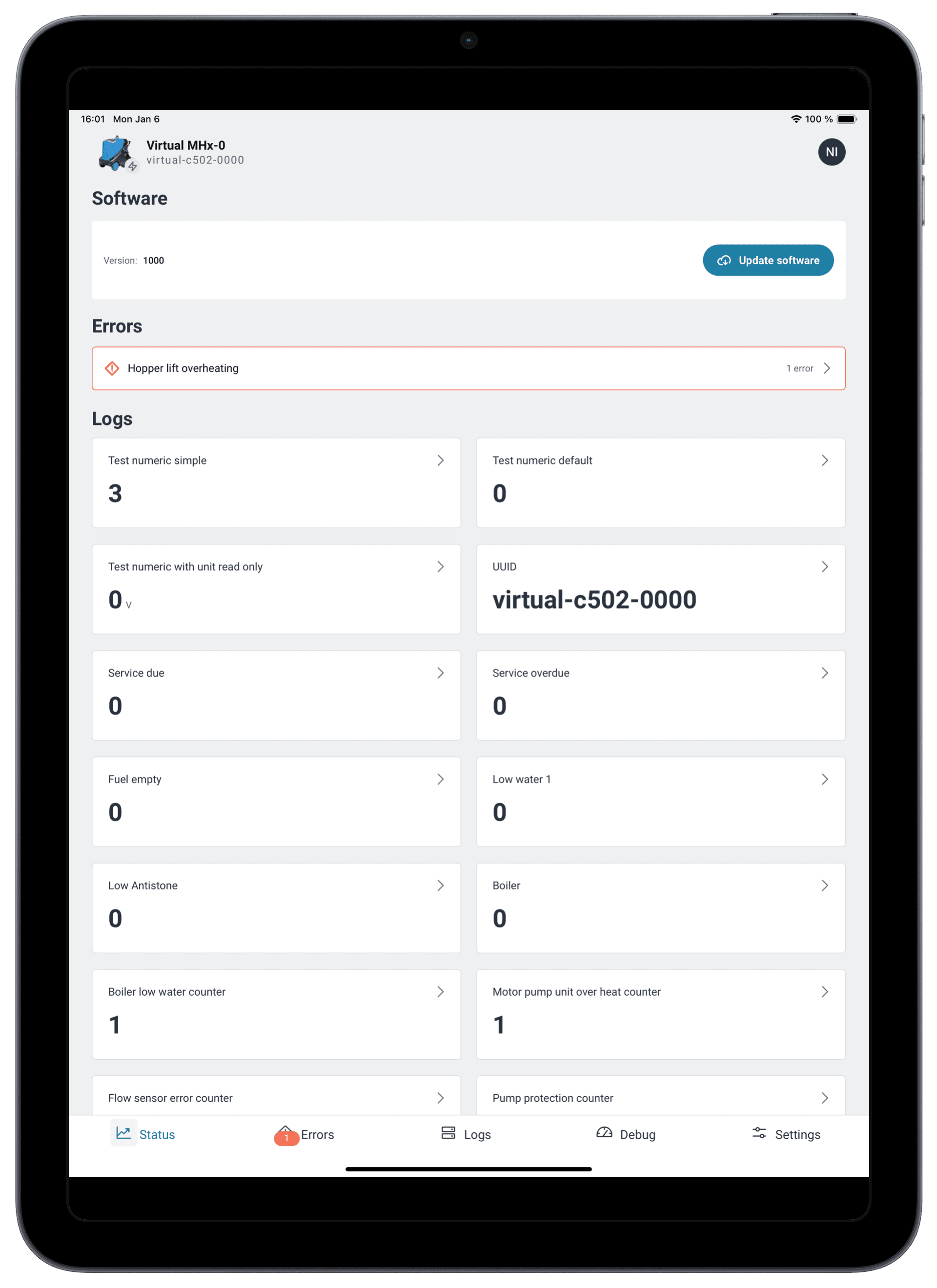 Nilfisk Service Tool screen 8
